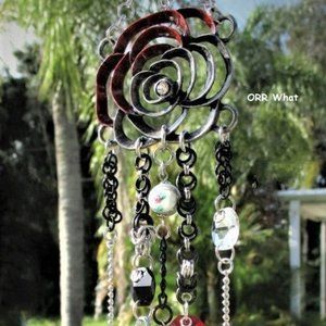 Unique Gift Red Rose Suncatcher Valentine Gift Metal, Crystals, Chainmail Chimes